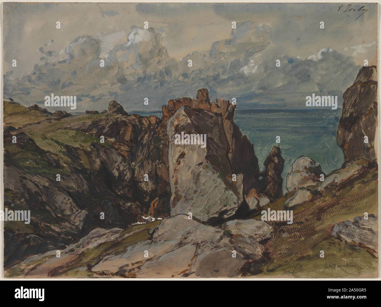 Cliffs by the Sea at C&#xe9;zembre, Brittany, c. 1830. Isabey was primarily known for his watercolours and paintings of marine and beach scenes. As a young artist, he met and befriended Eugene Delacroix and Richard Parkes Bonington and traveled with them to England in 1825 where he was able to study the work of J. M. W. Turner and the English watercolourists. Isabey was one of the first French painters to work en plein air, or directly from nature. He proved to be an important French landscapist whose life spanned almost the entire 19th century. He contributed illustrations to the Voyage pitto Stock Photo