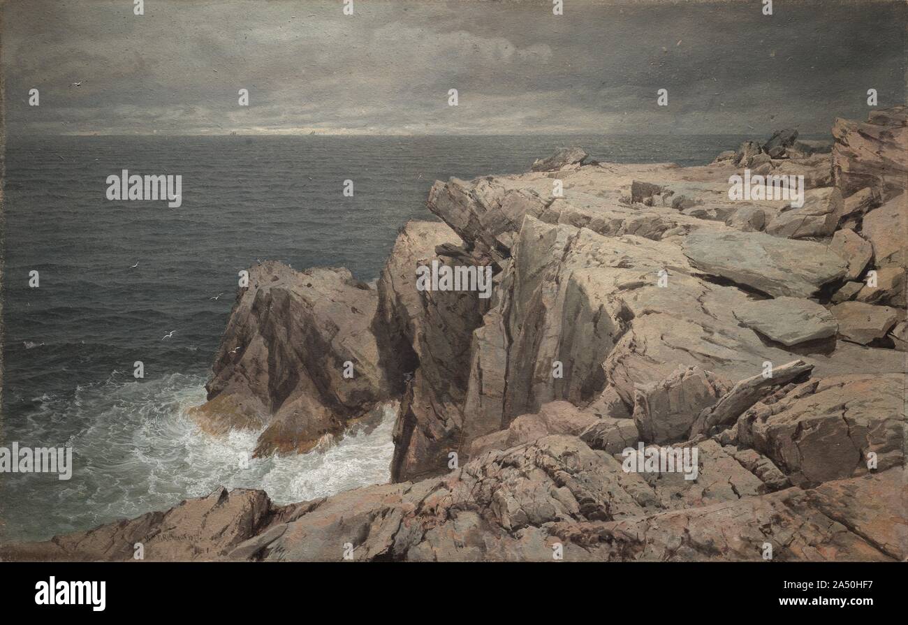 Cormorant Cliff, Jamestown, Rhode Island, 1877. As a young artist, Richards was influenced by John Ruskin&#x2019;s Modern Painters (see Ruskin&#x2019;s work elsewhere in the exhibition). Richards&#x2019;s interest in Ruskin was particularly reflected in the younger artist&#x2019;s meticulous geological studies made directly from nature. Richards strove for the fidelity to nature that he saw in the Pre-Raphaelite paintings exhibited in a show of British art at the Pennsylvania Academy in 1858. He is best known for his seascapes. Like the Impressionists, he was interested in capturing natural li Stock Photo