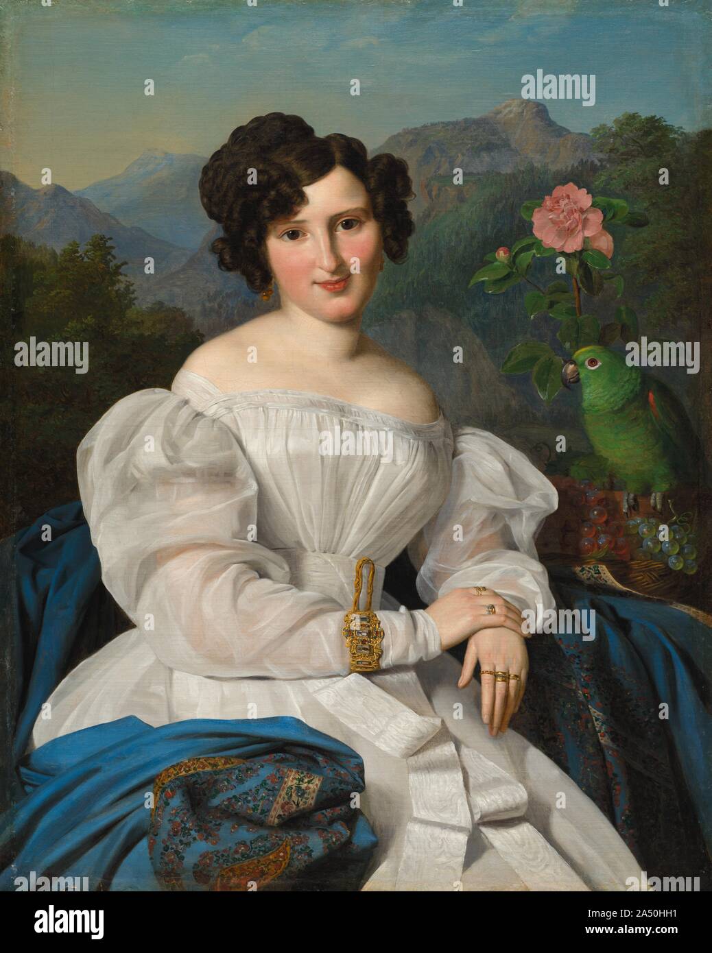 Countess Sz&#xe9;chenyi, 1828. This portrait typifies painting in Vienna between 1815 and 1865, an era known as the Biedermeier period, during which the Hapsburg government promoted positive artistic depictions of Viennese life and culture. The mountains in the background express both the artist's romantic fascination with nature and patriotic devotion to his Austrian homeland. The sitter, Crescentia Seilern, was a prestigious member of the aristocracy who married Hungarian reformist patriot Istv&#xe1;n Sz&#xe9;chenyi. Stock Photo