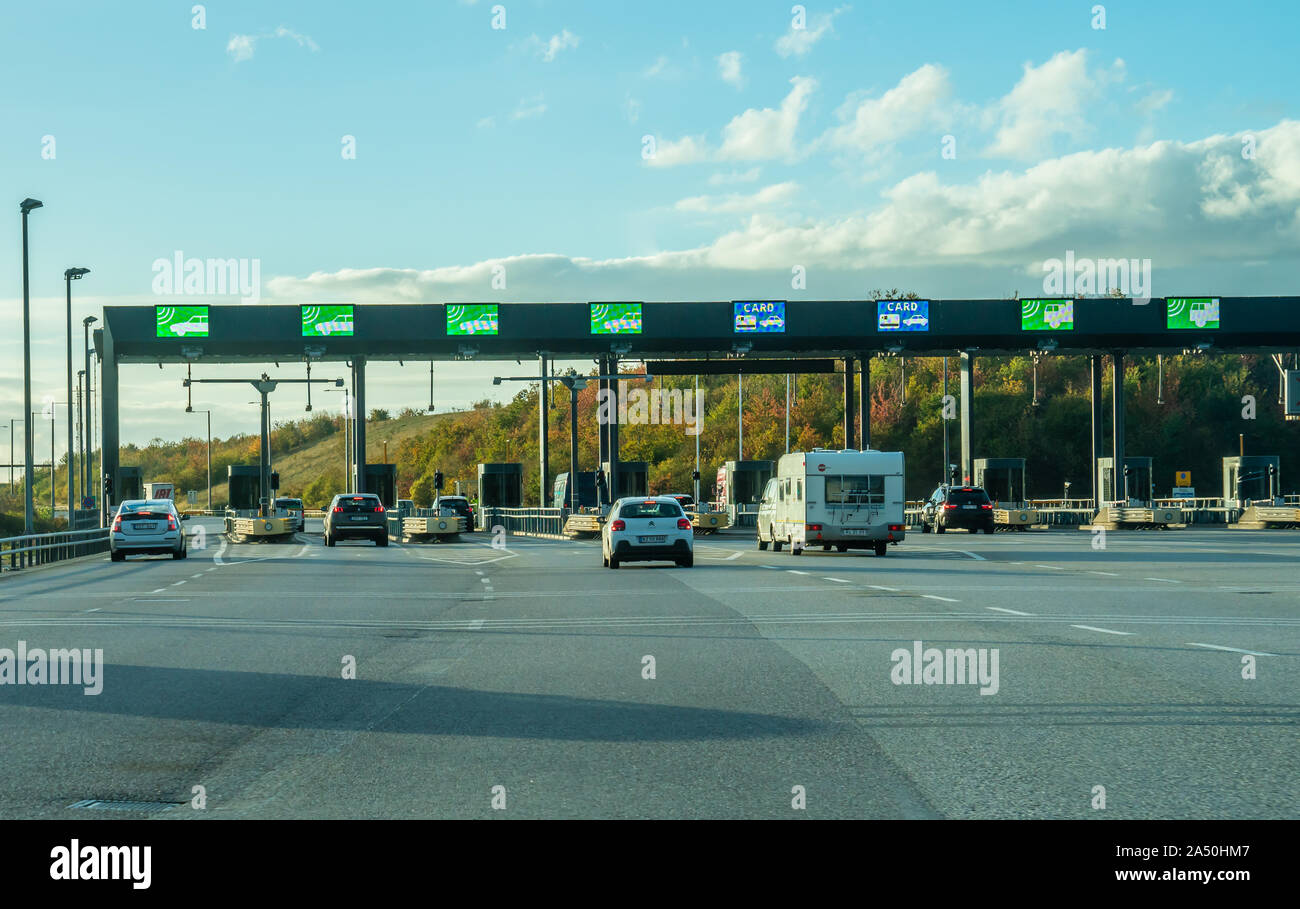 Road toll station on a motorway in Denmark Stock Photo