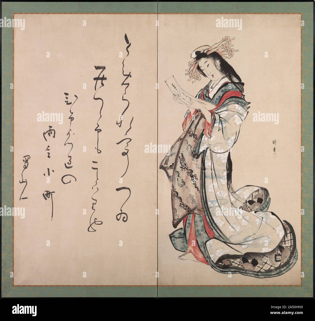 Courtesan Reading a Letter, early 1800s. Teisai Hokuba, a disciple of the famed painter and print designer Katsushika Hokusai (1760-1849), is best known for his private edition poetry-print designs, or  surimono , and hanging scroll paintings. The screen format is unusual for him. On the right panel, he has depicted a courtesan reading a letter, a popular theme in ukiyo-e painting. On the left panel, Ota Nanpo, a writer in Hokuba's circle, brushed a poem that humorously compares the courtesan to the legendary 9th-century poet Ono no Komachi:  Having been asked to stay over,  I stayed on-and fo Stock Photo