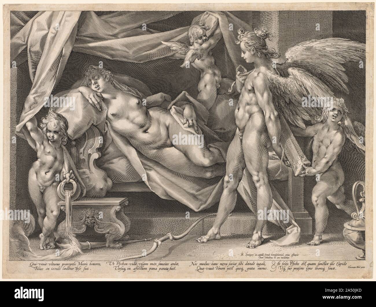 Cupid and Psyche, c. 1600. M&#xfc;ller adopted Goltzius's engraving style of a dense network of swelling and tapering lines. He sometimes made prints after works by Bartholomeus Spranger (1546-about 1611), another exponent of the Mannerist style and court painter to the Holy Roman Emperor Rudolph II (1576-1612) in Prague. Stock Photo