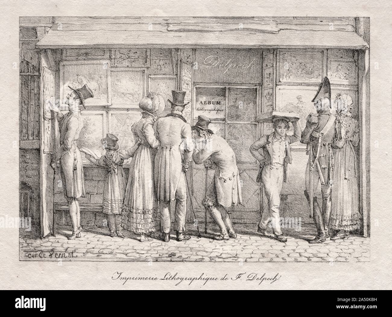 Delpech Lithographic Print Shop, c. 1818. The Delpech shop was a printing and retail establishment in Paris. Since the lithographic printing process is complex, requiring stones, presses, and skilled printers, artists went to workshops to make prints. Artists liked the medium's flexibility: while one could draw freely, it was also possible to execute an extremely detailed rendering. Further, while rich blacks could be achieved for shadows so could a great tonal range of grays. Since numerous impressions can be printed from the lithographic stone, this new printmaking technique made it possible Stock Photo