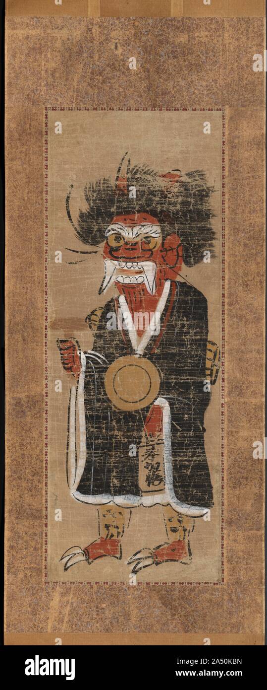 Demon Intoning the Name of the Buddha (Oni no nenbutsu), 1700s. Images like this one that depicts a demon in the guise of an itinerant monk intoning the name of the Buddha are called Otsu-e, or &quot;Otsu paintings.&quot; Otsu-e were made as souvenirs for travelers passing through the station of Otsu along the Tokaido, the route stretching from Edo (modern-day Tokyo) to Kyoto. Realized through a combination of woodblock printing, rapid brushstrokes, embellishment with colour and gold pigments by stencil or by hand, the earliest Otsu-e, produced in the 17th century, were Buddhist and Shinto ico Stock Photo