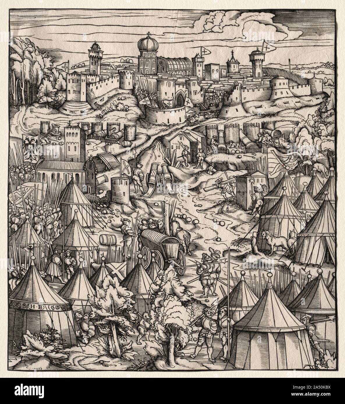 Der Weisskunig (The White King): The Siege of Padua, 1512-1515. These woodcuts depicting military campaigns are illustrations for  Der Weisskunig , or  The White King , a fictionalized biography of Holy Roman Emperor Maximilian I (reigned 1486-1519). Written in German, the book takes the form of a courtly romance novel featuring armored knights. The hero, Maximilian, is the White King. The Blue King and his party represent France. Maximilian was the earliest Renaissance prince to extensively use printed images and texts to cultivate his authority and spread his ideology.  Der Weisskunig  is on Stock Photo