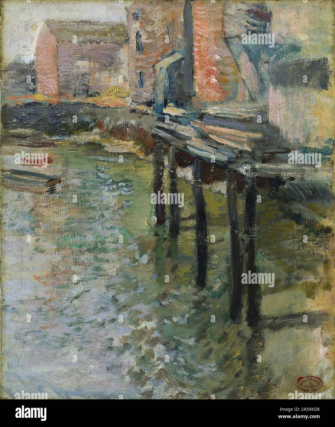 Deserted Wharf (The Old Mill at Cos Cob), c.1900-1902. In 1892, John Twachtman, one of the most imaginative of the American Impressionists, established a summer colony at Cos Cob, Connecticut. This painting depicts the Holley Mill near Cos Cob. Unlike the French Impressionists, who tended to analyze the effects of light and colour in a scene, Twachtman was interested in expressing the pure poetry of colour and his emotional response to the changes he observed in nature. Stock Photo