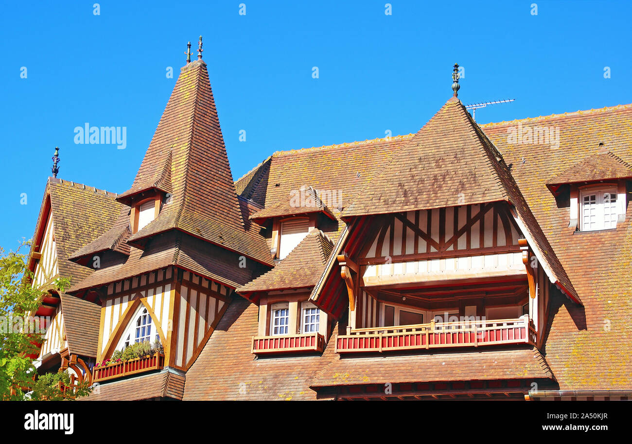 Roofs and balconies of a traditional construction of Normandy. Stock Photo