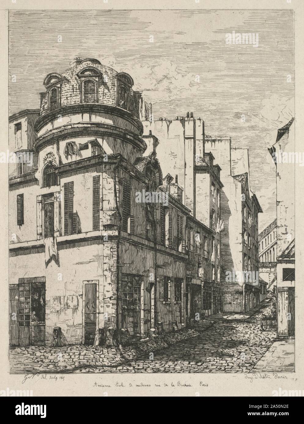 Eaux-Fortes sur le Vieux Paris: Ancienne &#xe9;cole de m&#xe9;decine rue de la B&#xfb;cherie (Etchings of Old Paris: Former Medical School, rue de la Bucherie), 1865. Stock Photo