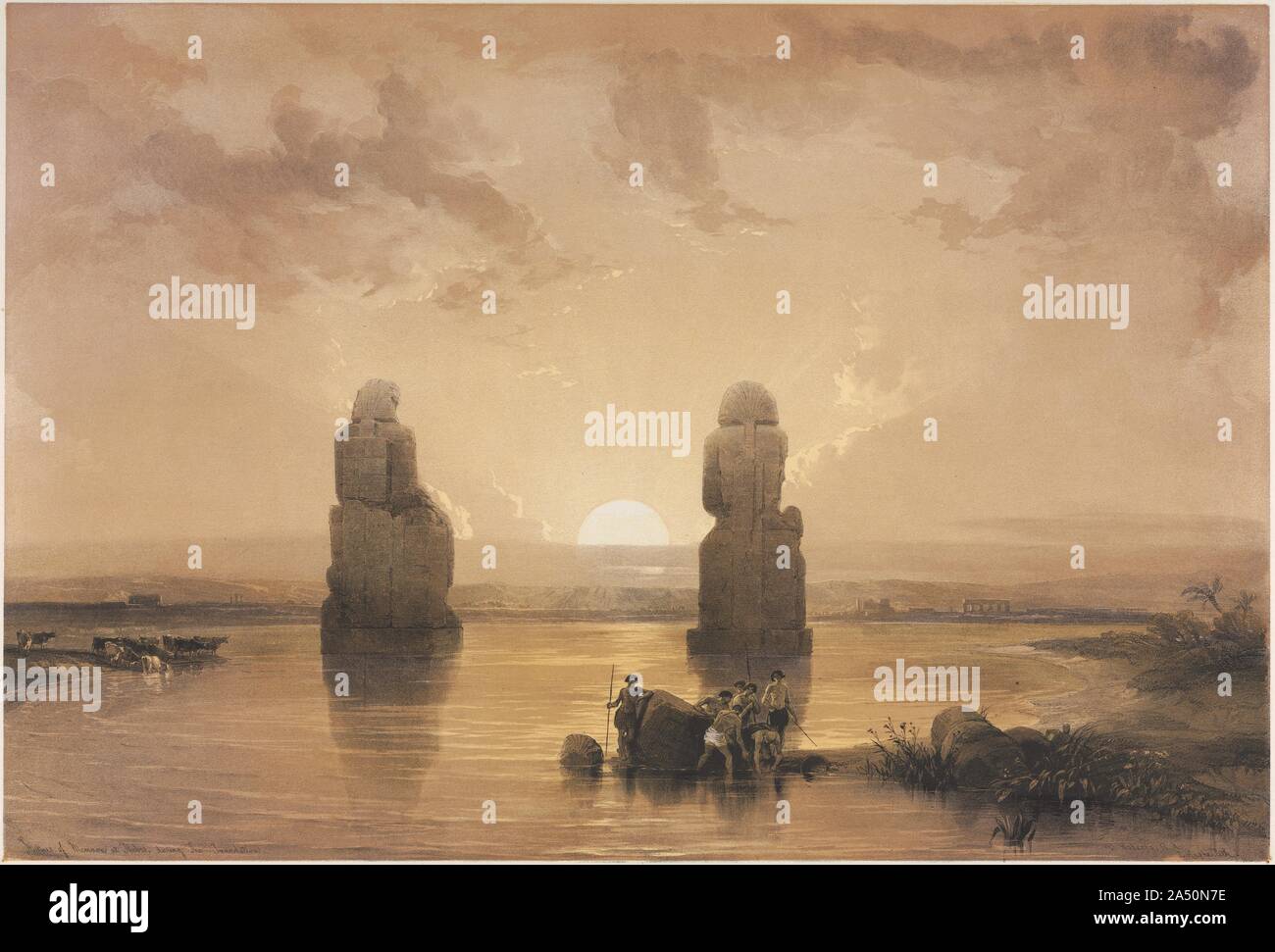 Egypt and Nubia, Volume II: Statues of Memnon at Thebes, during the Inundation, 1848. By the mid 19th century, the complexities of printing in numerous colours had been mastered, culminating in one of the high points of European printmaking. The plates drawn by Haghe, which copy the watercolours that David Roberts made in Egypt, are exquisite examples of colour lithography. Egypt was a distant, mysterious country for Europeans and Haghe, a Scottish topographical and architectural artist who spent the year of 1838 traveling across this ancient land. The resulting prints&#x2014;the first compreh Stock Photo