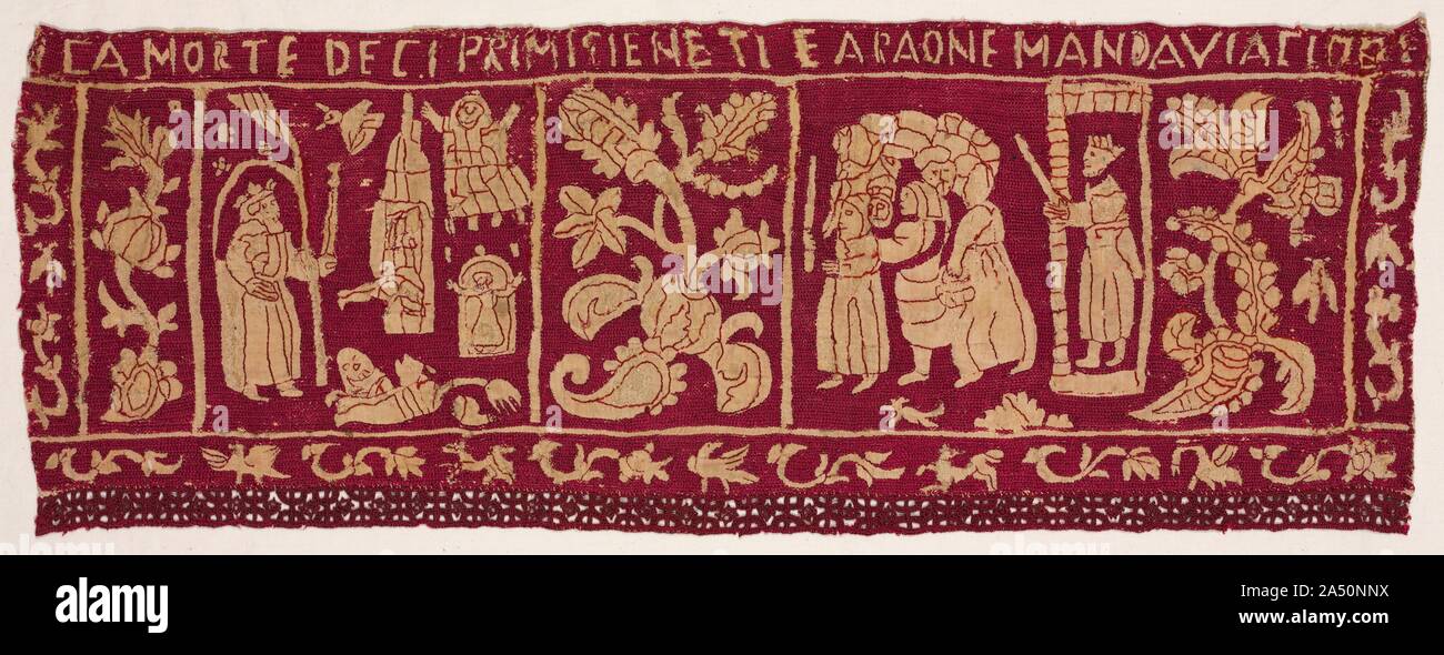 Embroidered Border: The Death of the First Born and the Israelites Sent Away, 1500s-1600s. The border fragments on the left tell the story of the Israelites baking unleavened bread during the first Passover, after which they were delivered out of captivity in Egypt. In the top panel, bakers mix and knead the dough; the bottom panel shows the bakers standing on a tiled floor while placing the bread into a brick oven. This common household scene would have been familiar to Italian audiences during the Renaissance. Two fragments depict events recorded in the book of Exodus. In the top panel, the Stock Photo
