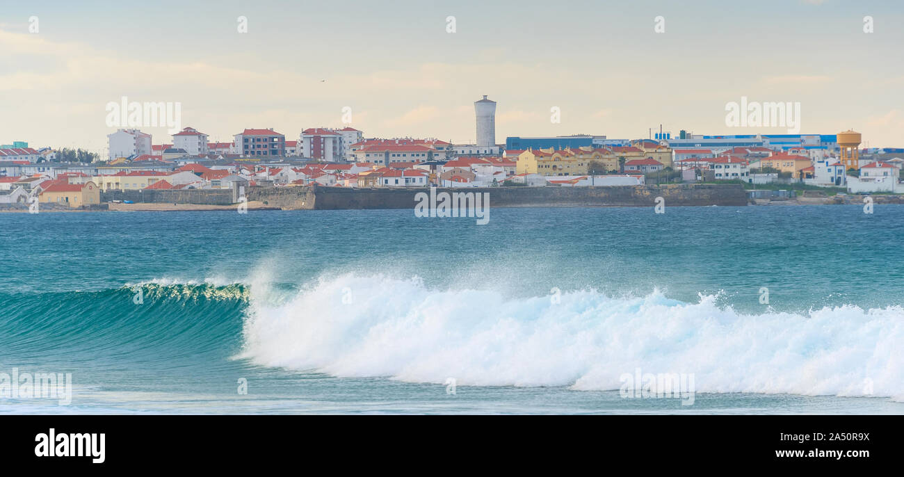 Panorama of Peniche - coastal town in Portugal. Atlantic ocean in the foreground Stock Photo