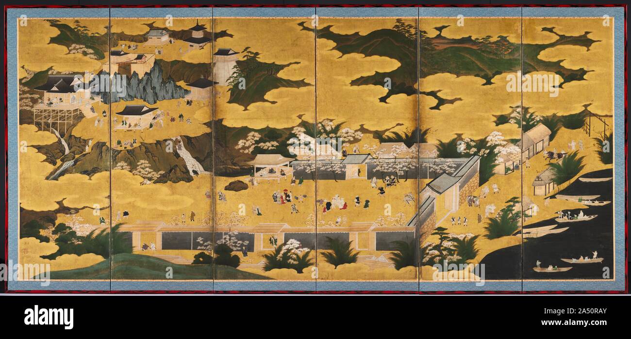 Famous Views of Omi, 1660s-90s. These byobu vividly portray the shores ...
