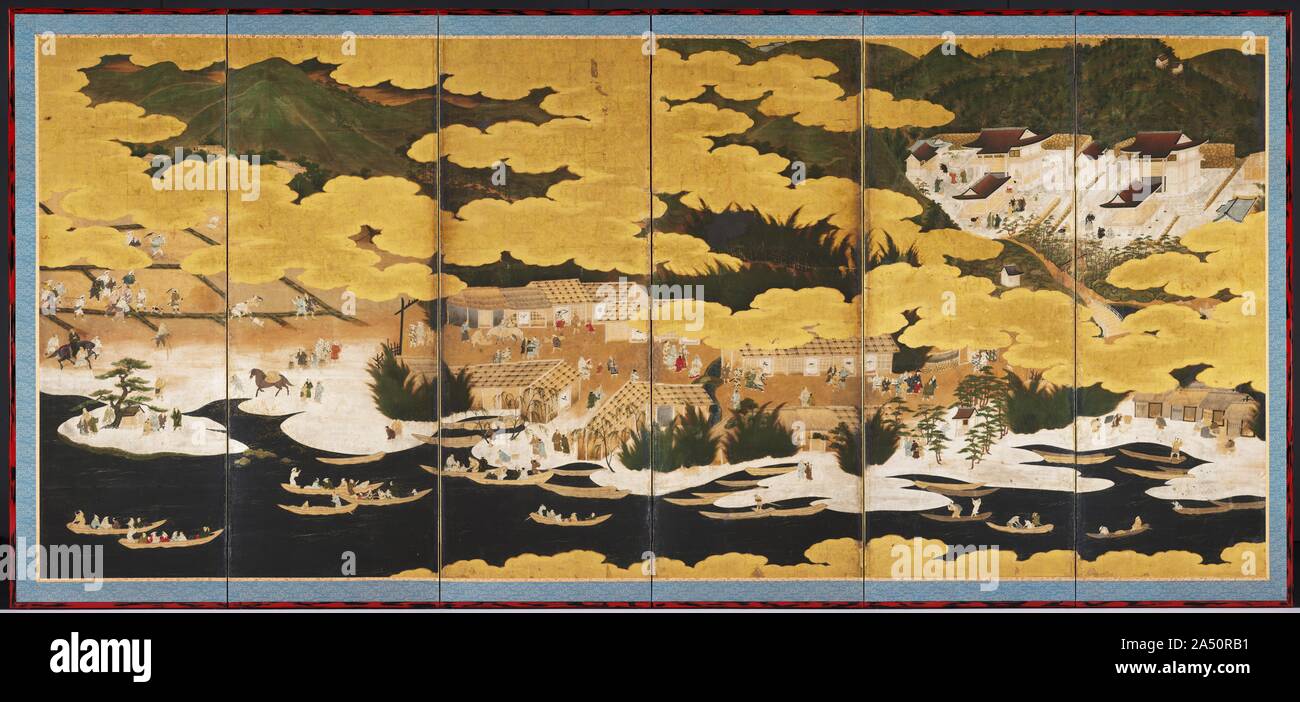 Famous Views of Omi, 1660s-90s. These byobu vividly portray the shores ...