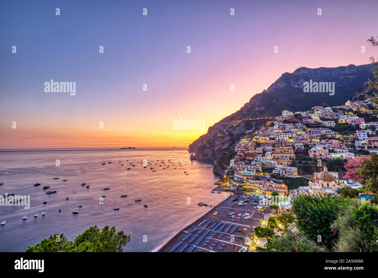 Positano on the italian Amalfi coast after sunset Stock Photo