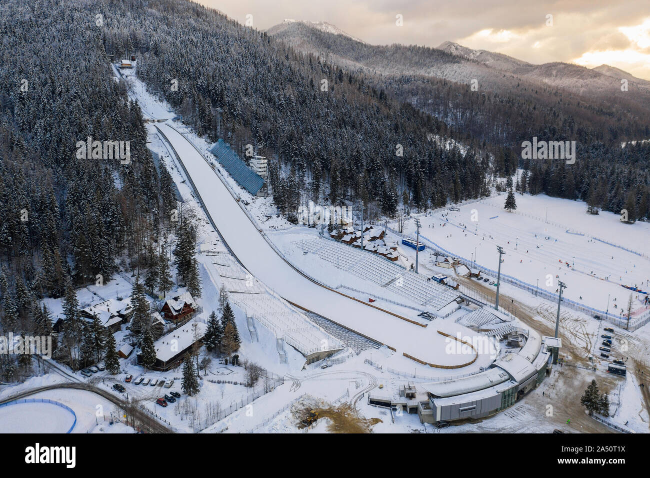 Large ski jump in Zakopane called Huge Krokiew names Stanislawa Marusarza, winter aerial view. Stock Photo