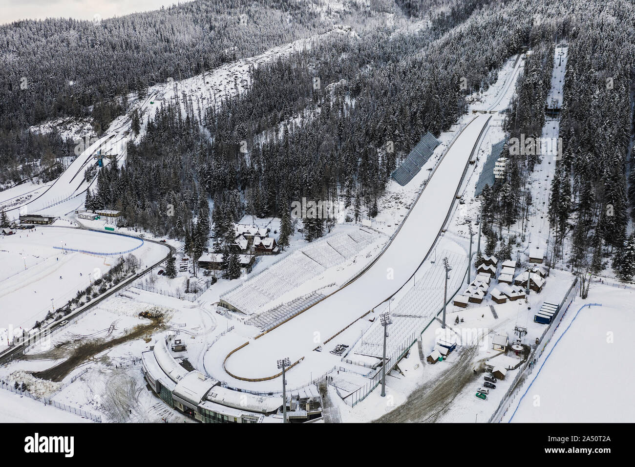 Large ski jump in Zakopane called Huge Krokiew names Stanislawa Marusarza, winter aerial view. Stock Photo