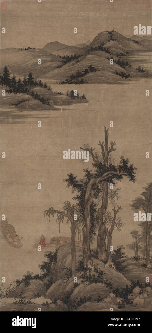 Fishermen-Hermits in Stream and Mountain, 1300s. Aspiring to free and harmonious living in the natural world was a recurring theme in traditional Chinese landscapes, especially paintings by gentleman-scholars. The fisherman-hermit in this painting symbolizes the ideal of a humble rural life to escape the dusty world. The Confucian principle also demanded that artists have high moral character. To retreat from fame and pursue a simple, bucolic life was always a lofty dream.   This painting was originally attributed to artist Zhao Yong, but has been recently reattributed to Wu Zhen. Stock Photo