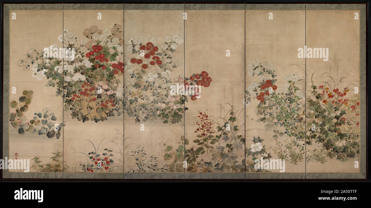 Flowers of the Four Seasons, mid-1600s. Ascertaining the identity of the painter known as Kitagawa Sosetsu from the first half of the seventeenth century remains an elusive but fascinating task. Unlike his more versatile predecessor Tawaraya Sotatsu (died c. 1640), Sosetsu painted only byobu and hanging scroll compositions. While he did not collaborate with Kyoto's well-known calligraphers, book designers, or literary or court figures, attractive images such as appear on these byobu were popular at the time, judging from the number of pieces that survive. In this respect, while his career is s Stock Photo