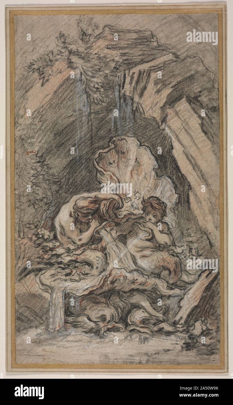 Fountain with Two Tritons Blowing Conch Shells, c. 1736. In this early chalk drawing, Boucher