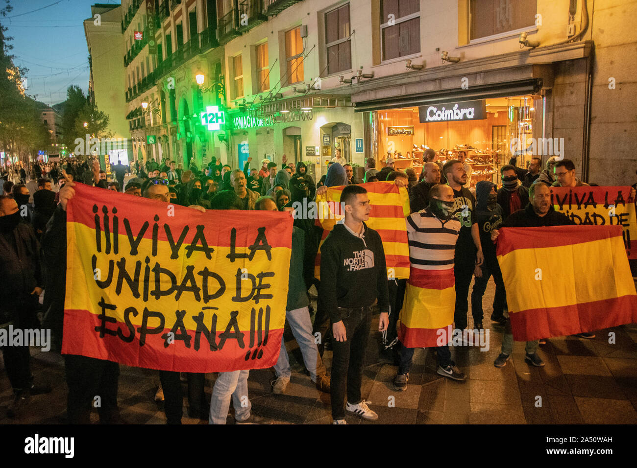 Hundreds of people gathered in Puerta del Sol in Madrid on Wednesday (October 16) in support of Catalan independence.  The gathering was later disrupt Stock Photo