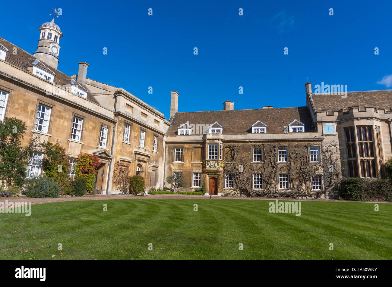 Stunning Courtyards at famous College of the University of Cambridge. Student at the University of Cambridge. Cambridge University Campus Stock Photo