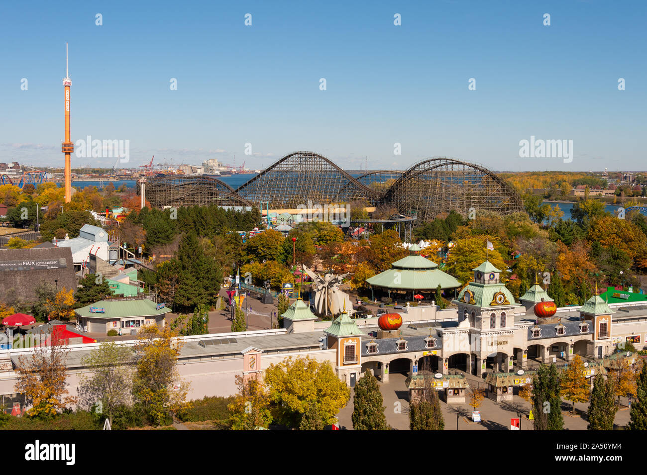 Montreal, Canada - 15 October 2019: La Ronde Amusement Park from Jacques Cartier Bridge Stock Photo