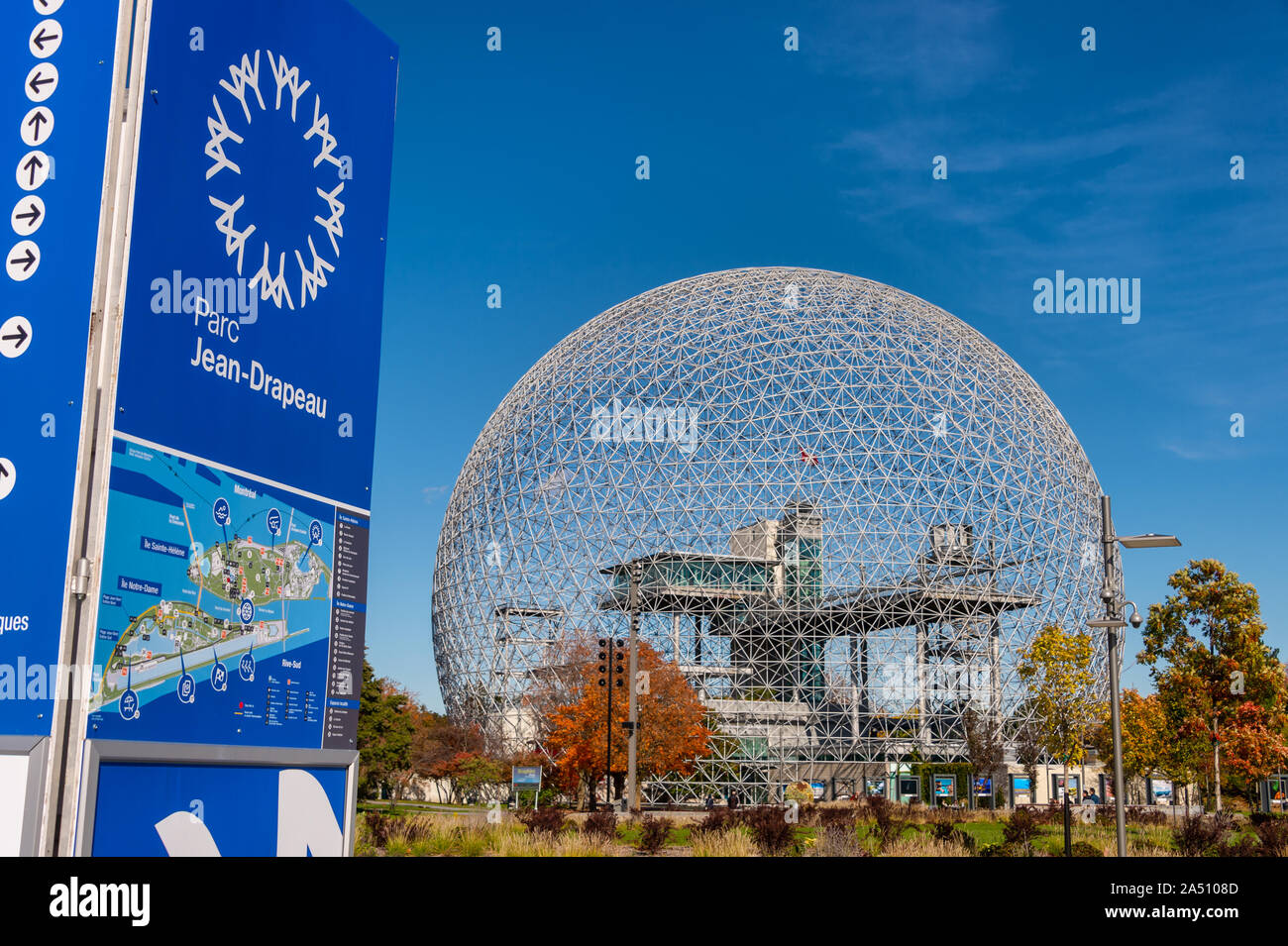 Montreal, Canada - 15 October 2019: Biosphere and Parc Jean Drapeau sign and map Stock Photo