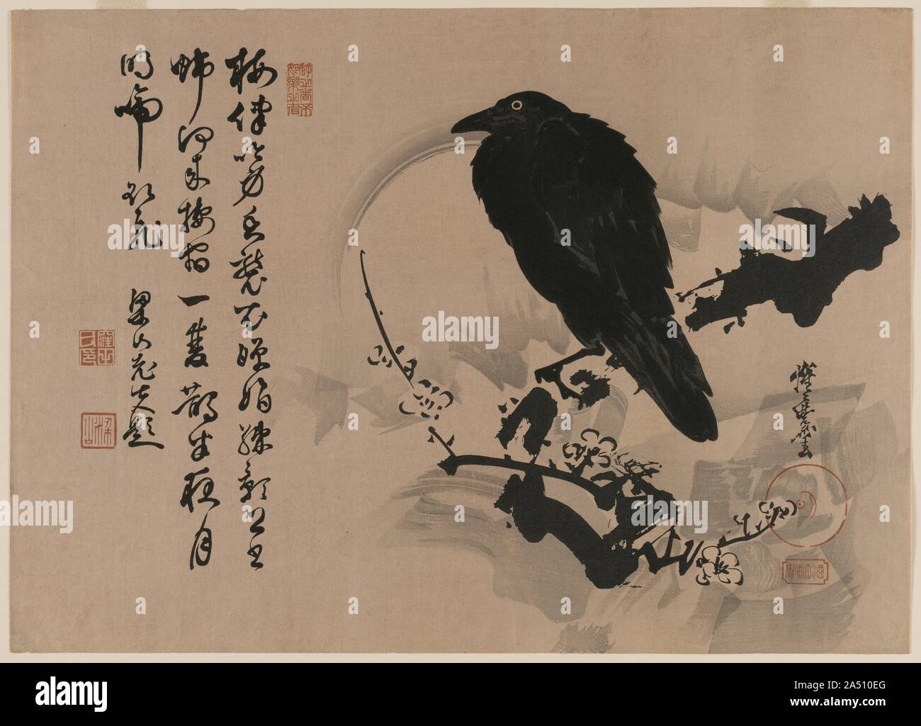 Full Moon with Crow on Plum Branch, 1880s. The accompanying poem may be translated as:   The plum accompanies their squawking forms;  Its fragrance assaults their feathers.  Beautiful shadows of the branches in the moonlight  Climb toward the study curtain.  The pair of crows that have lodged in my house  Cry and make to fly a way,  Under the bright moon in the depths of the night. Stock Photo