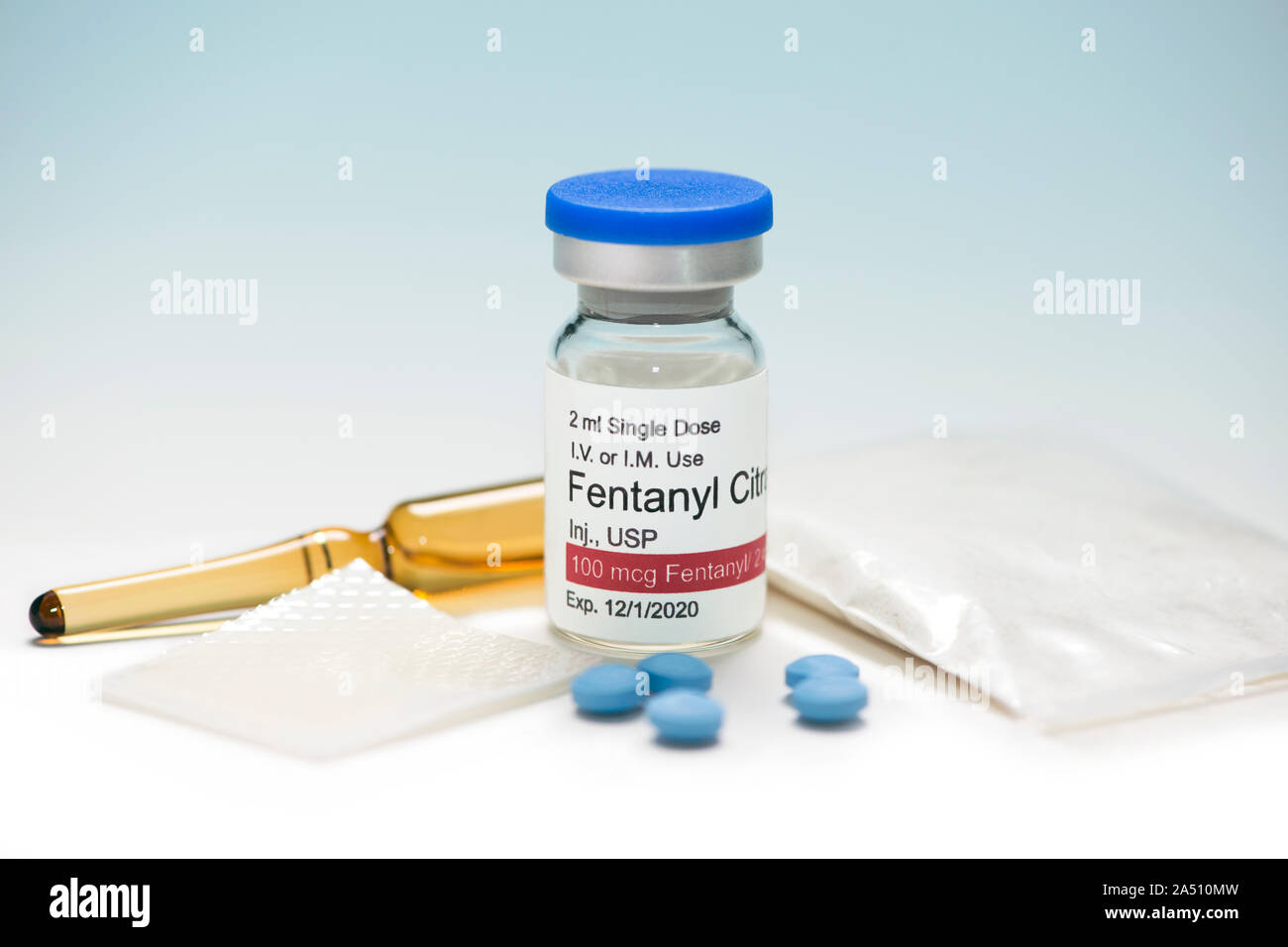 Fentanyl Citrate vial with ampule, patch, powder and pills. Stock Photo