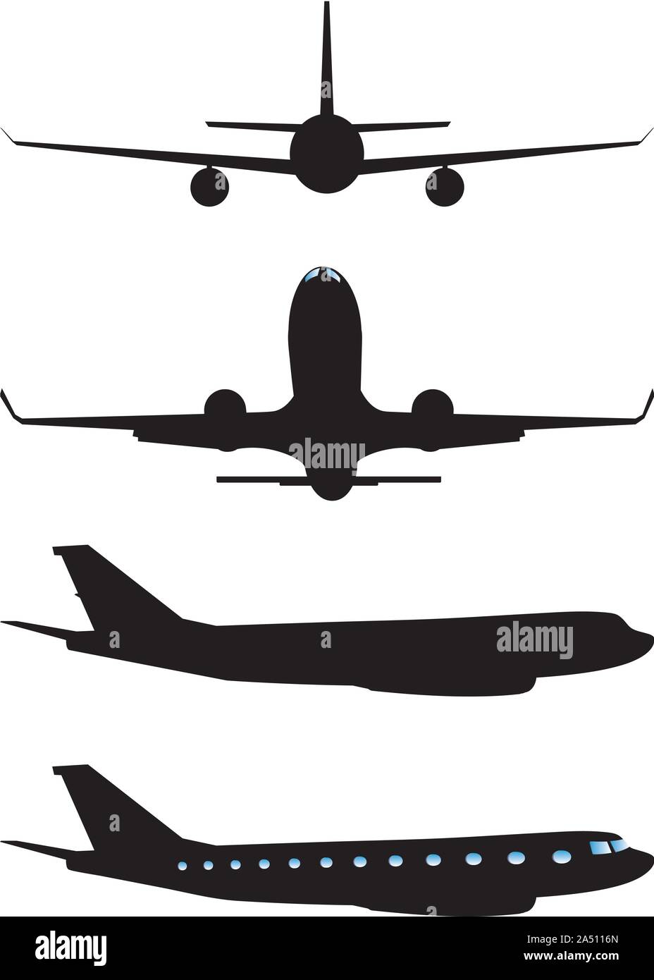 Simple black silhouettes of an airplane on white background Stock ...