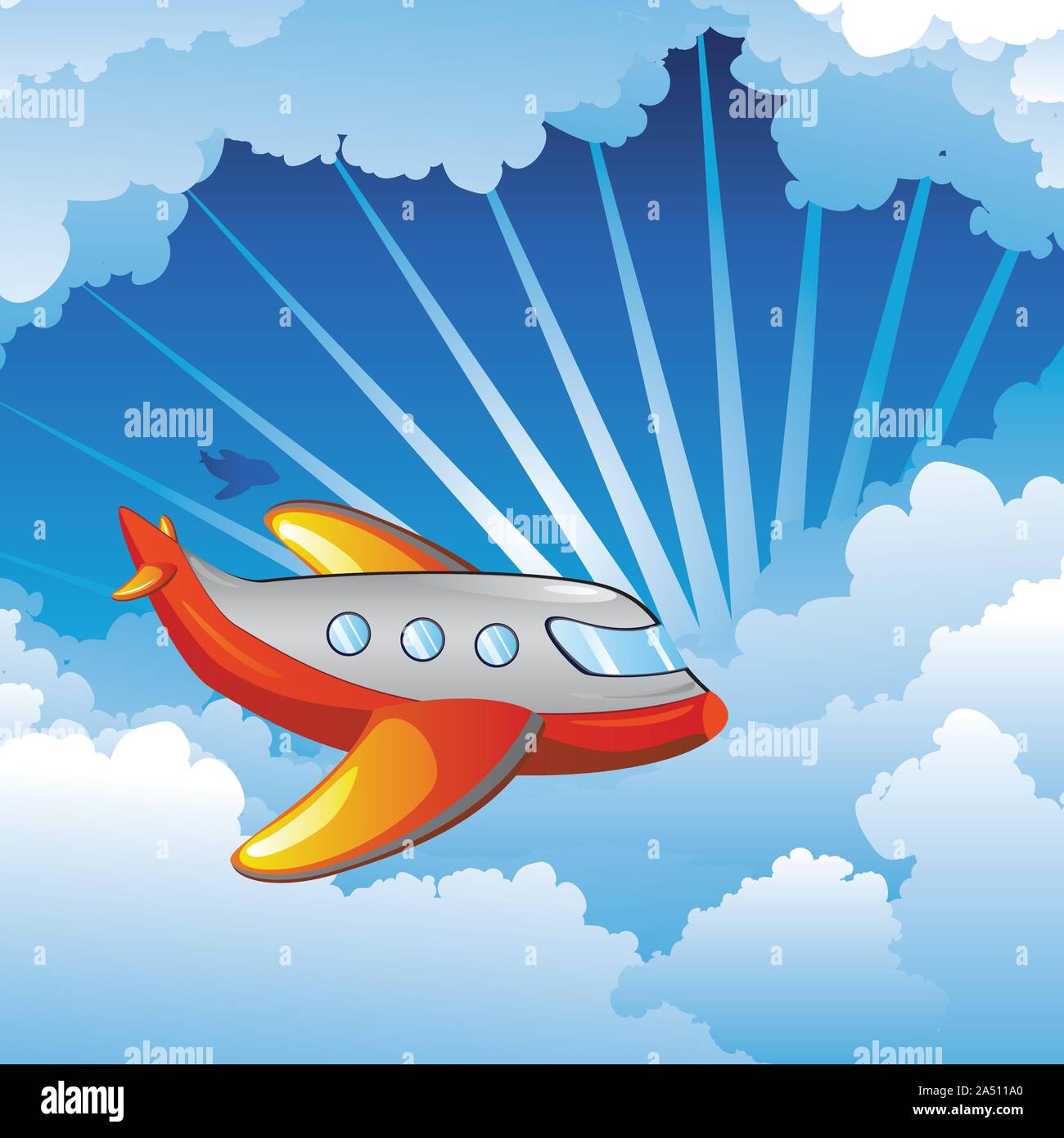 Cartoon airplane on a blue sky with clouds, travel background Stock