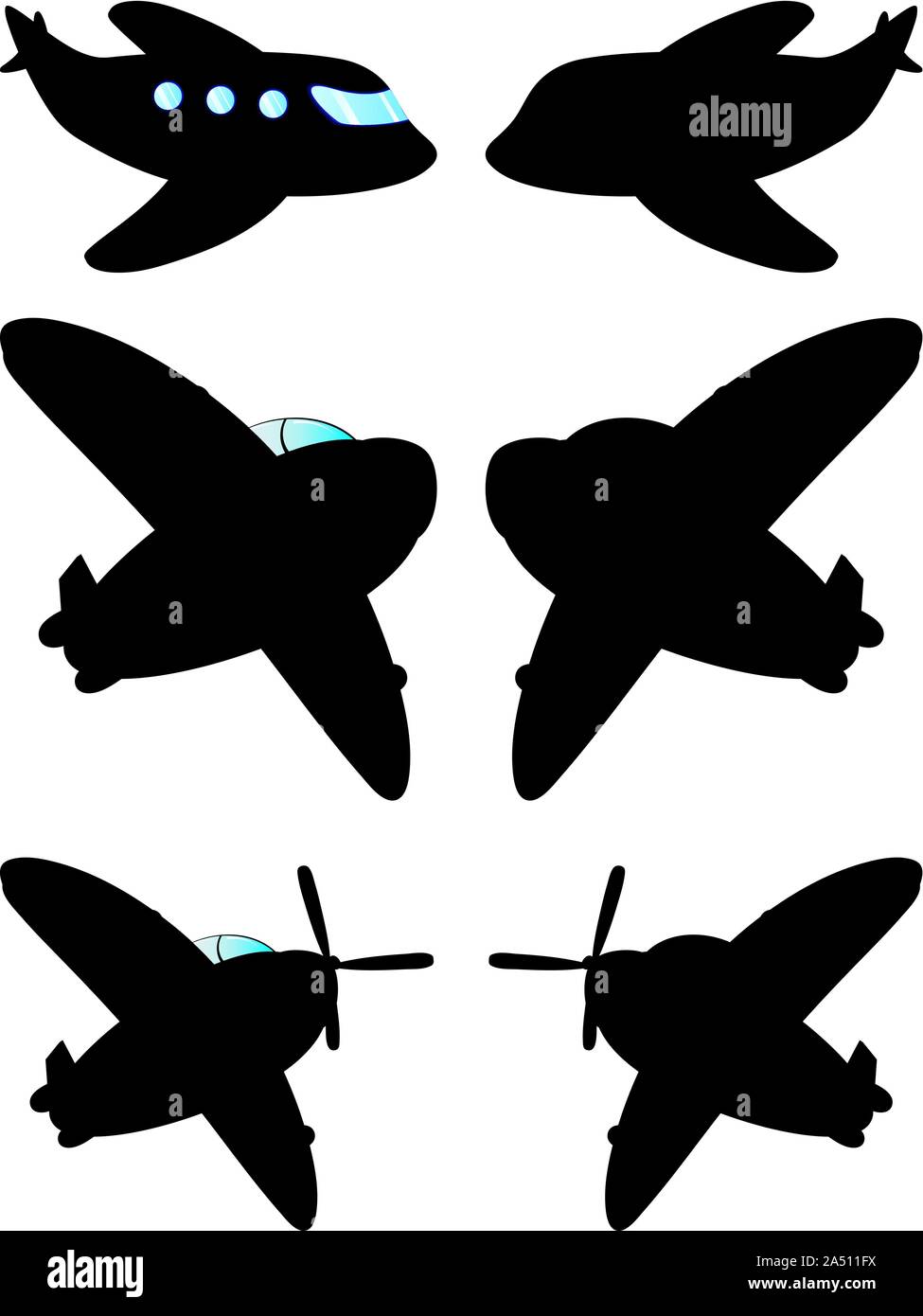 Simple black silhouettes of an airplane on white background Stock ...