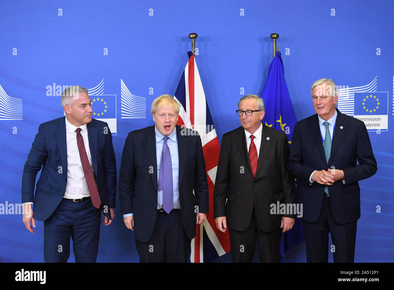 Brexit Secretary Stephen Barclay, Prime Minister Boris Johnson, Jean-Claude  Juncker, President of the European Commission, and Michel Barnier, the EU's  Chief Brexit Negotiator, ahead of the opening sessions of the European  Council