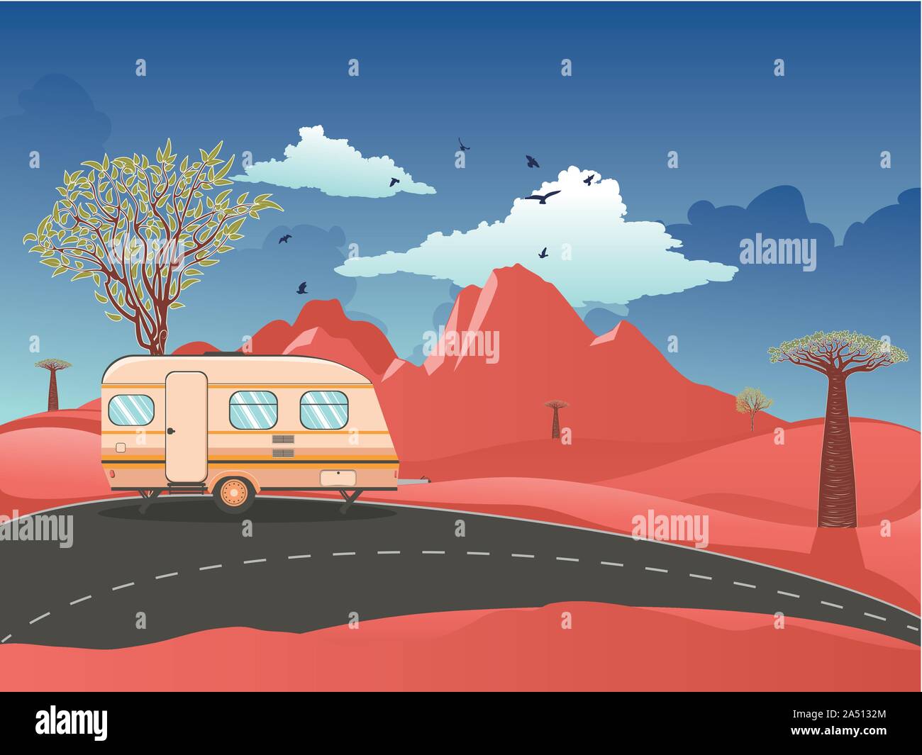 Vintage camping trailer on the road in the red desert landscape Stock ...