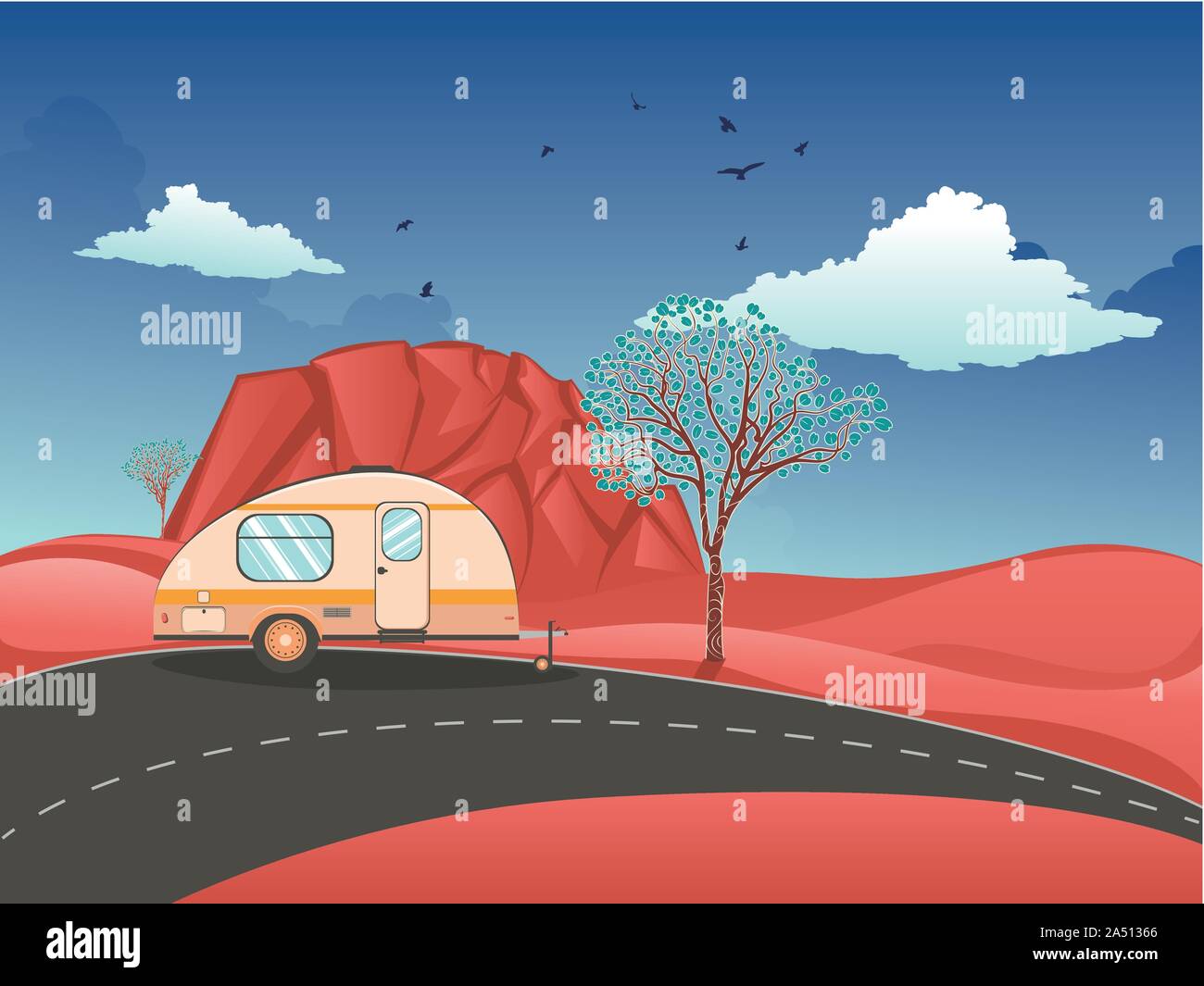Vintage camping trailer on the road in the red desert landscape Stock ...