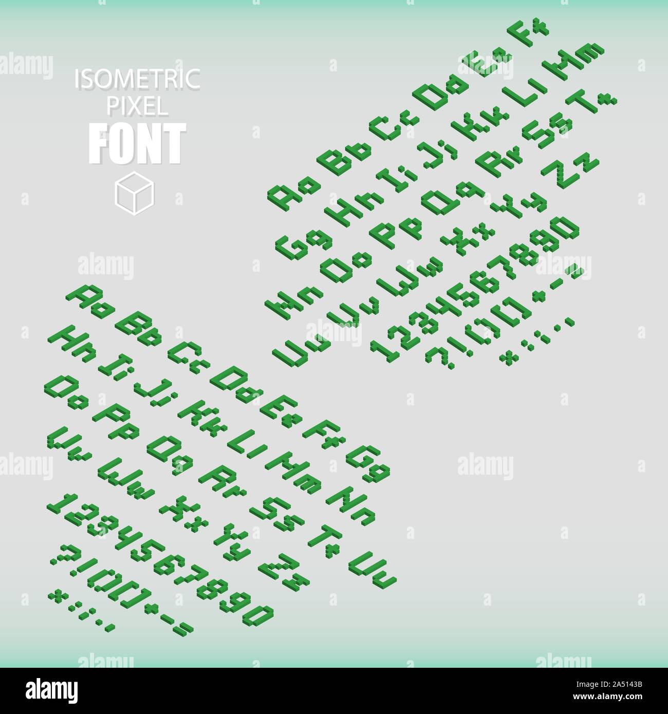 Set of isometric pixel alphabet and numbers green color. Vector ...