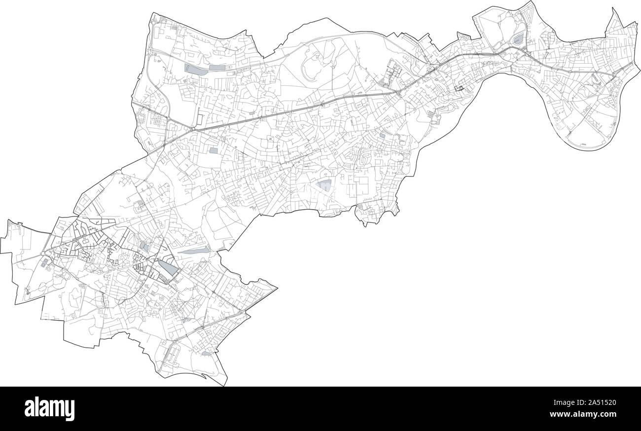 Satellite view of the London boroughs, map and streets of Hounslow borough. England Stock Vector