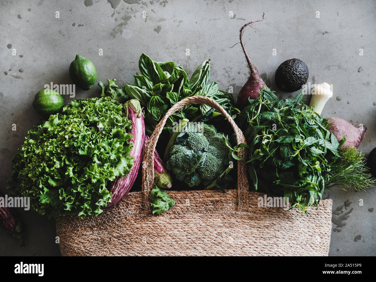Shopping bag with healthy fresh vegetables, greens from market Stock