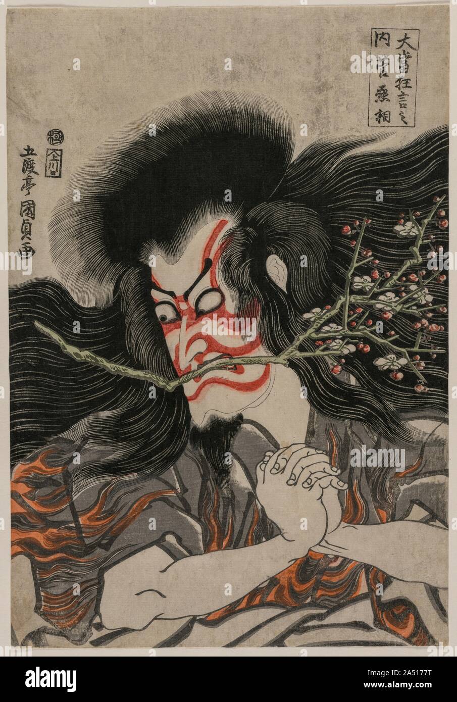 Ichikawa Danjuro VII as Kan Shojo in the Mt. Tenpai Scene (from the series Famous Kabuki Plays), 1814. Here, the actor plays the role of an exiled statesman, transforming himself into a vengeful thunder god. The red-and-white make-up style&#x2014; kumadori , or &quot;shadow painting&quot;&#x2014;is characteristic of the  aragoto  manner of portraying heroic roles. The crossed eyes and clenched mouth&#x2014;in this role a plum blossom branch is added&#x2014;demonstrates the conventional  mie  pose used by Kabuki actors to express intense emotion at the most dramatic moment in the play. The audi Stock Photo