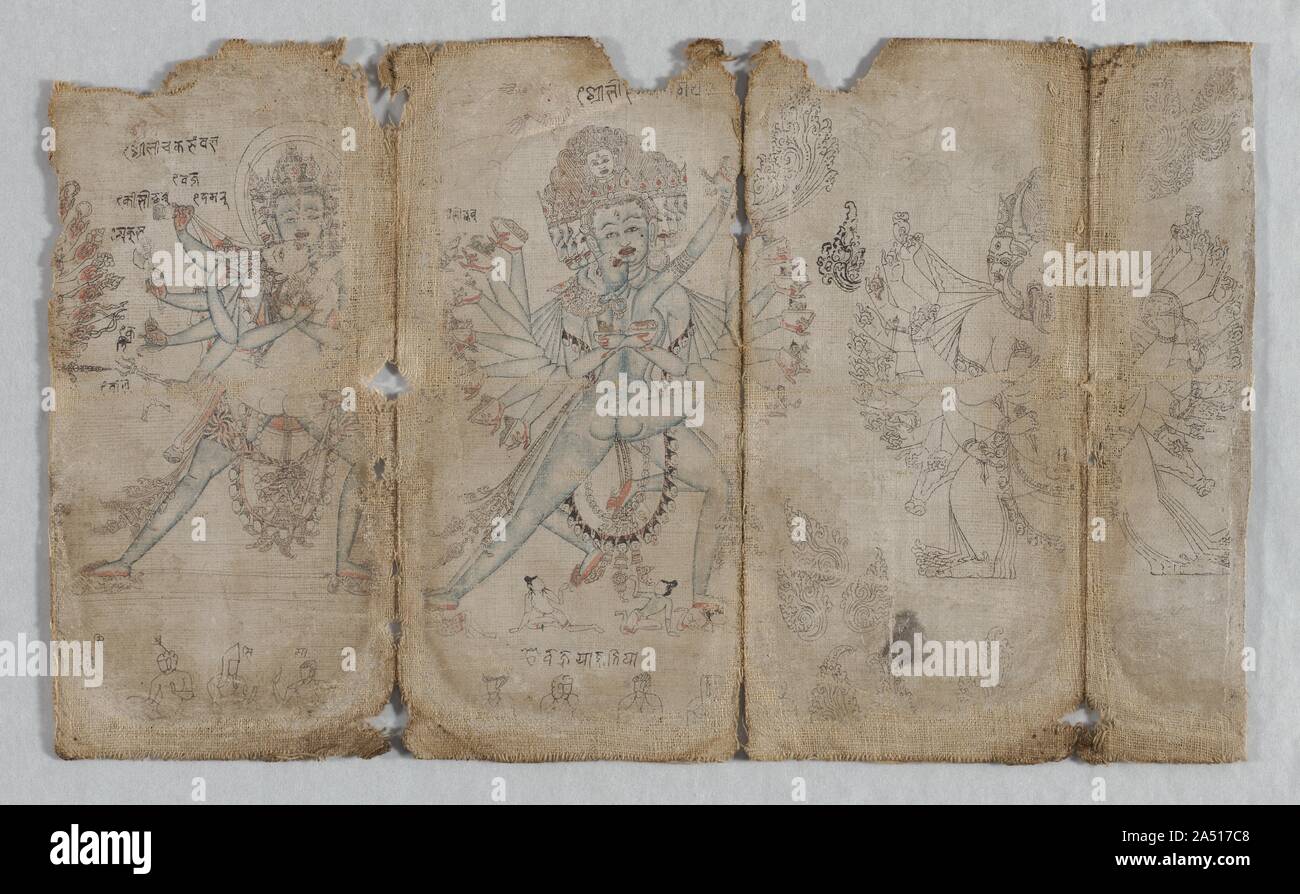 Iconographic Drawing of Tantric Enlightened Beings (verso), c. 1500. These rare surviving pages of a practice book have drawings of prominent tantric figures. The line drawing is confident and masterful, with each iconographic element rendered with clarity and precision. The svelte proportions of the figures follow the style of the Khyenri school initiated in the second half of the 15th century by the artist Khyentse Wangchuk (about 1420-1500), known for his elegant and energetic depictions of the fierce manifestations of the enlightened beings. The best preserved example on this segment is th Stock Photo