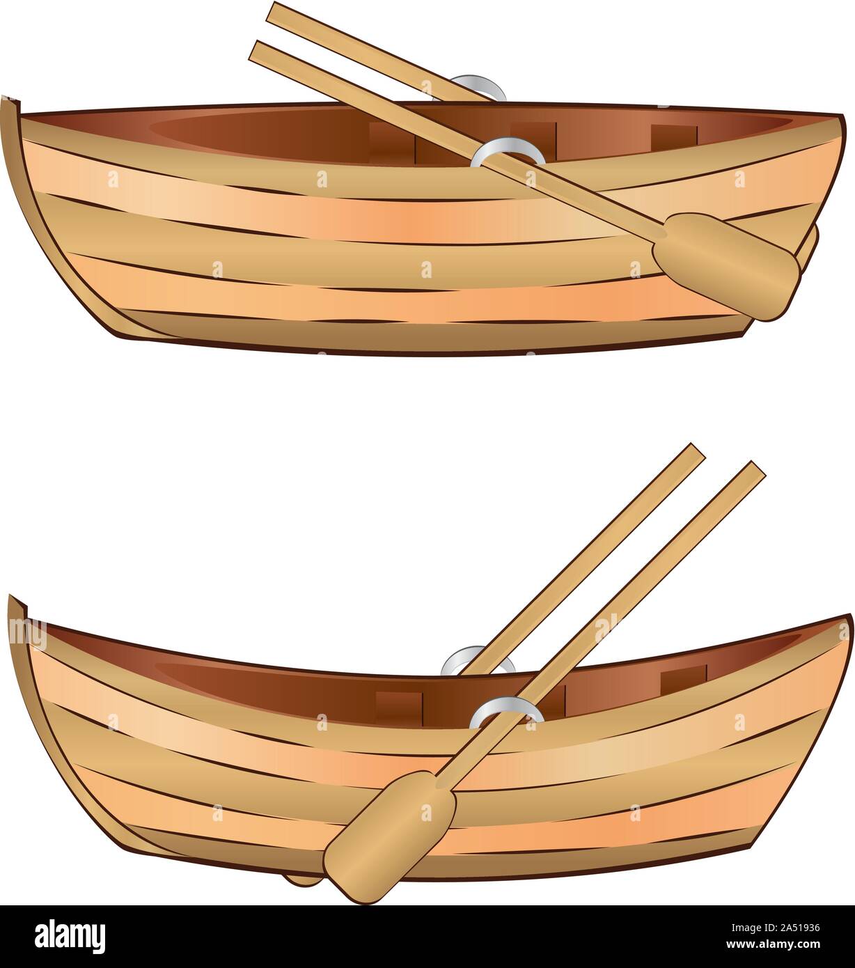 Vintage wooden boat with paddles on white background. Stock Vector