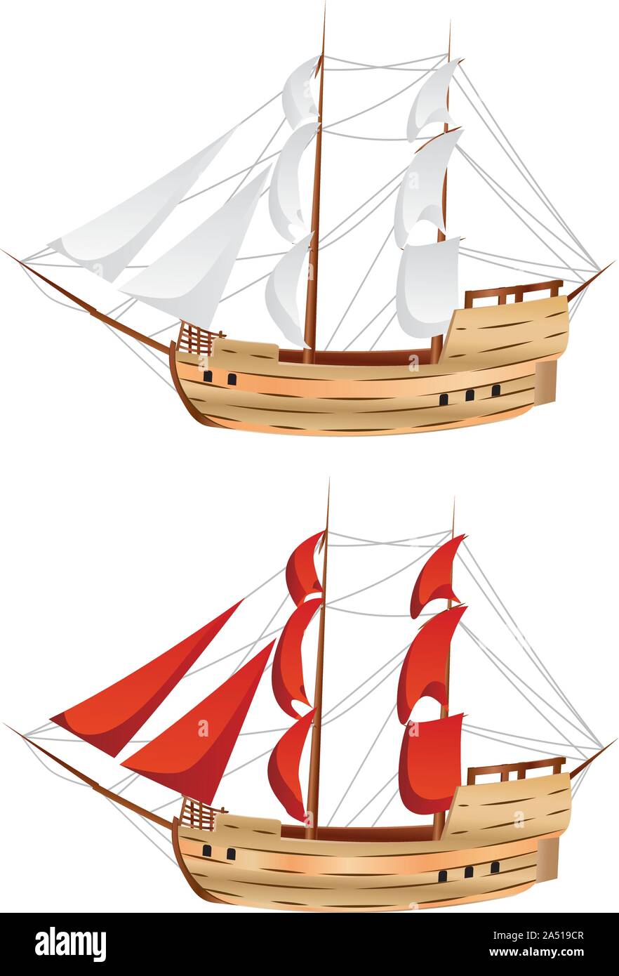 Old classic sailing ship under full sails on white background. Stock Vector