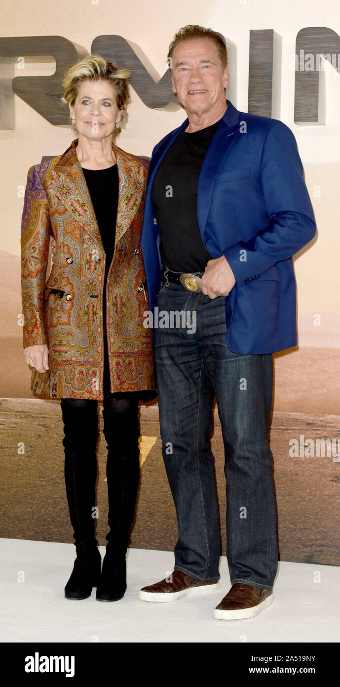 Photo Must Be Credited ©Alpha Press 079965 17/10/2019 Linda Hamilton and Arnold Schwarzenegger at a photocall for Terminator Dark Fate held at the Mandarin Oriental Hotel in London. Stock Photo