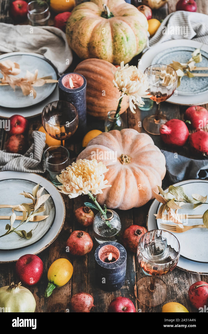 Fall table setting for Thanksgiving day party Stock Photo