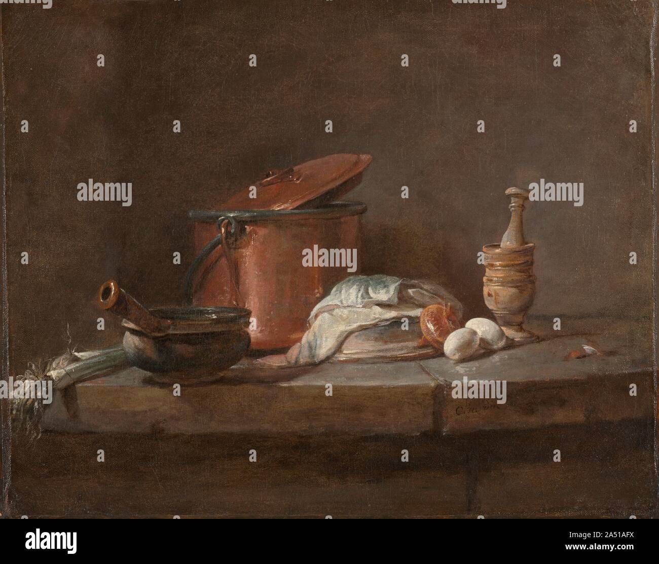 Kitchen Utensils with Leeks, Fish, and Eggs, c. 1734. Chardin was already famous by 1730, when he began to paint small, sparse still lifes of kitchen utensils. He often used the same elements in his compositions, varying slightly the position of the objects and adding or subtracting a utensil&#x2014;always carefully placing each in relation to the rest to achieve a balanced design. Chardin was the contemporary of Fran&#xe7;ois Boucher (1703-1770) and he taught Jean-Honor&#xe9; Fragonard (1732-1806), but his work is a contrast to theirs, representing the naturalistic tendency that persisted alo Stock Photo