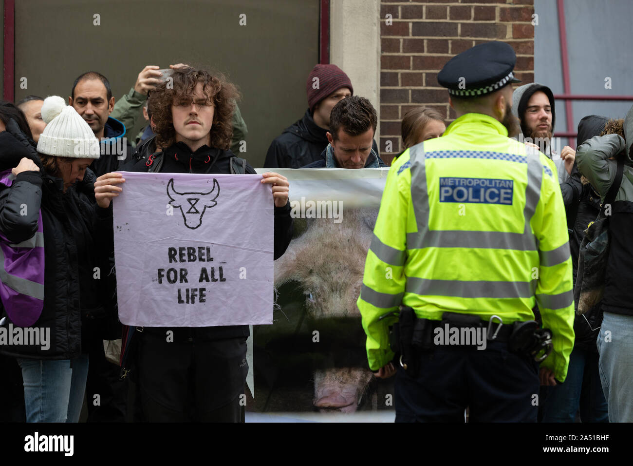 London. UK. 17 October 2019. Extinction Rebellion protesters from the Animal Rebellion vegan wing demonstrate outside and opposite the offices of the Red Tractor Assurance offices in central London. The Red Tractor is a food assurance scheme that looks at production standards on safety, hygiene, animal welfare and food production. Credit: Alamy Live News Stock Photo