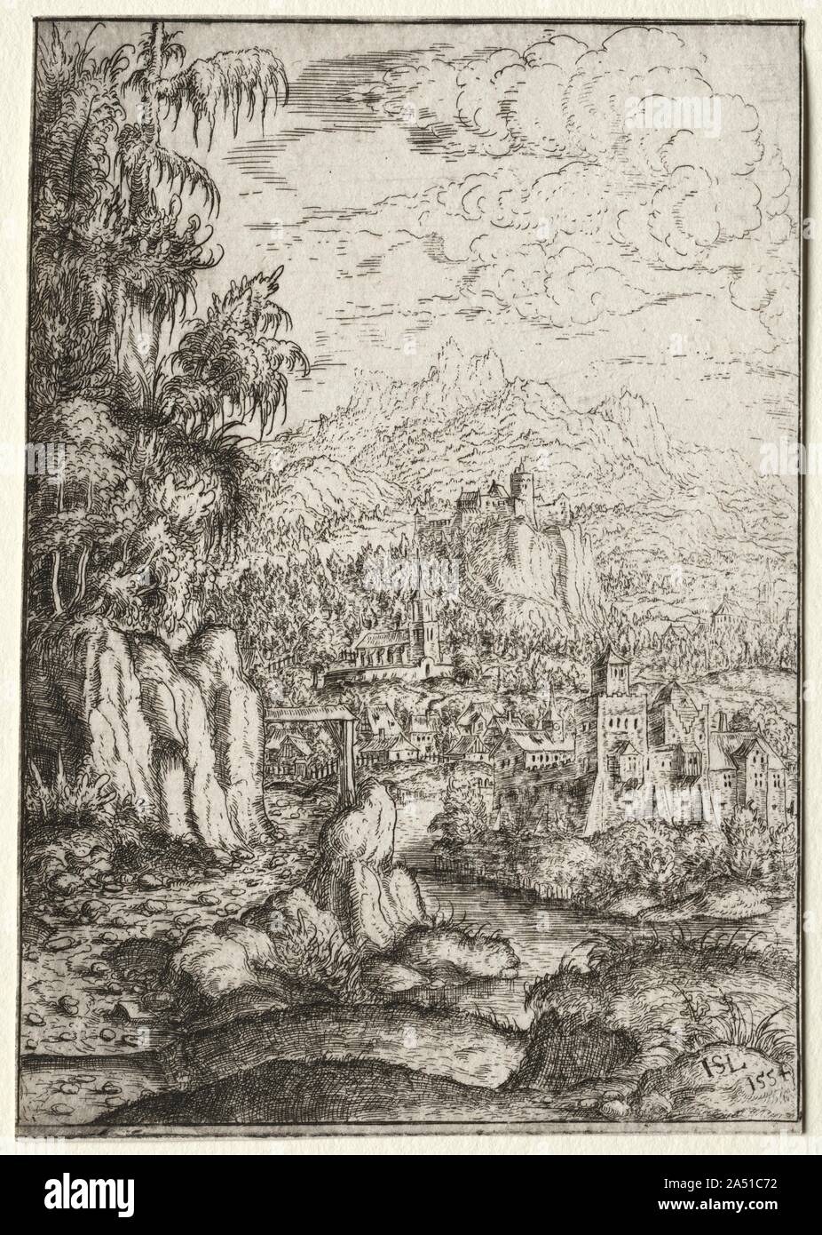 Landscape with a Road to a Castle on an Island in a River, 1554. Hanns Lautensack was born in Bamberg, but fled to Nuremberg with his family in 1527 to escape religious persecution. Although he is referred to as a painter in various documents, no examples survive. He made 16 small landscape etchings in 1553 and 1554. Like Altdorfer and Hirschvogel, Lautensack depicted inhabited, mountainous views reminiscent of the German countryside with details such as huge pine trees with dripping branches, calm rivers, and castles perched on rock outcrops. Stock Photo