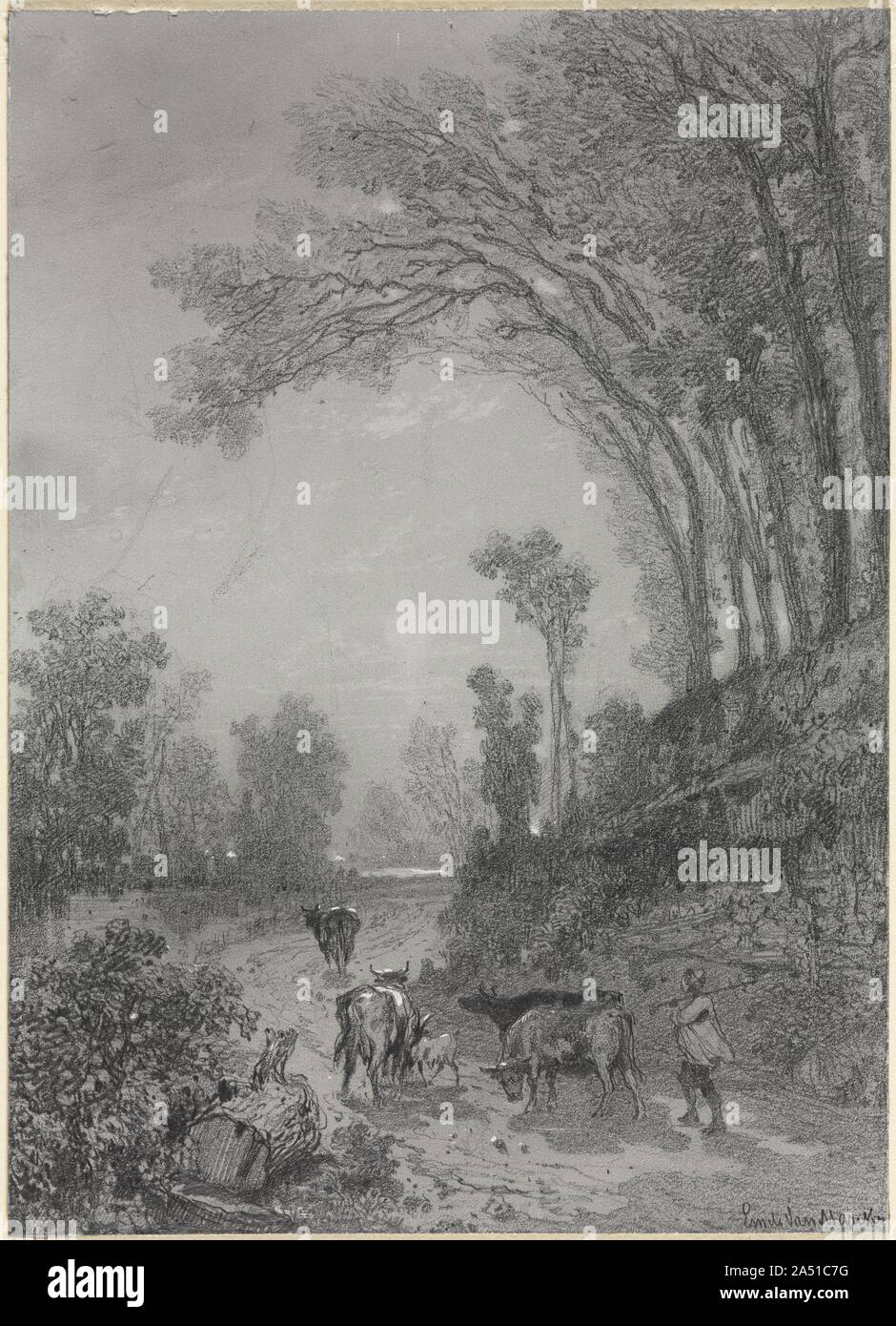 Landscape with Cows, second half 19th century. Stock Photo