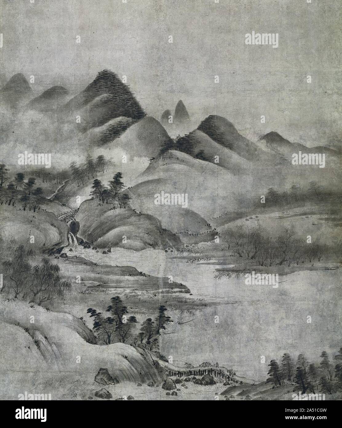 Landscape, 1500-1525. Kyoto-based painter Soami adapted the small-format Chinese album leaf and handscroll painting compositions belonging to the Ashikaga shogunate to the large-scale paintings he created for residences and Buddhist temples. As curator of the shogunal collection, Soami would have carefully examined its Southern Song and Yuan dynasty Chinese paintings, gaining specialized knowledge of a variety of brush modes, including the soft style used for this painting. The scene is part of a continuous landscape once mounted in the folding screen format. Removed from the screen, this sect Stock Photo