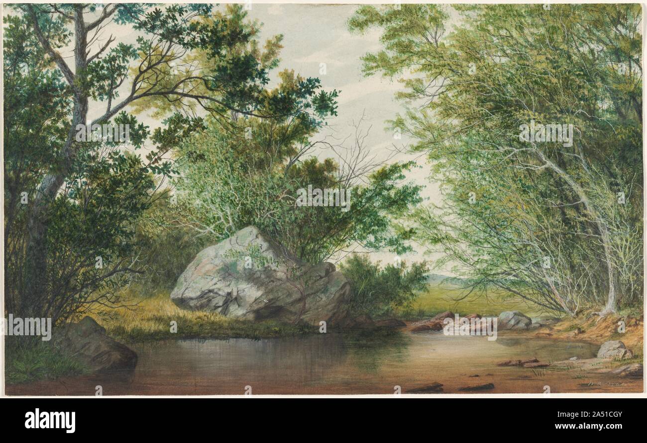 Landscape with Wooded Stream and Boulder, c. 1880s. Stock Photo